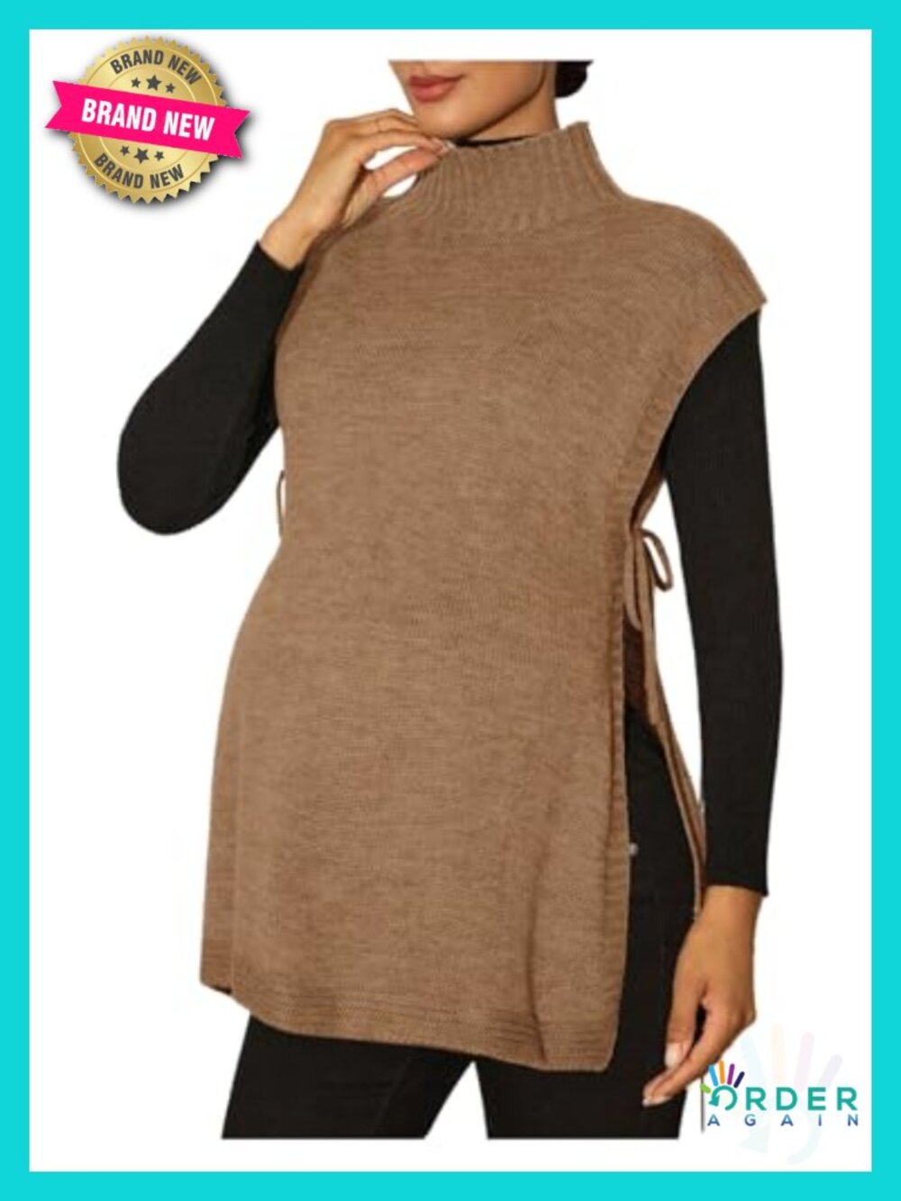 Maternity Sweater Vest Mock Neck Tie Side Sleeveless Knit Top